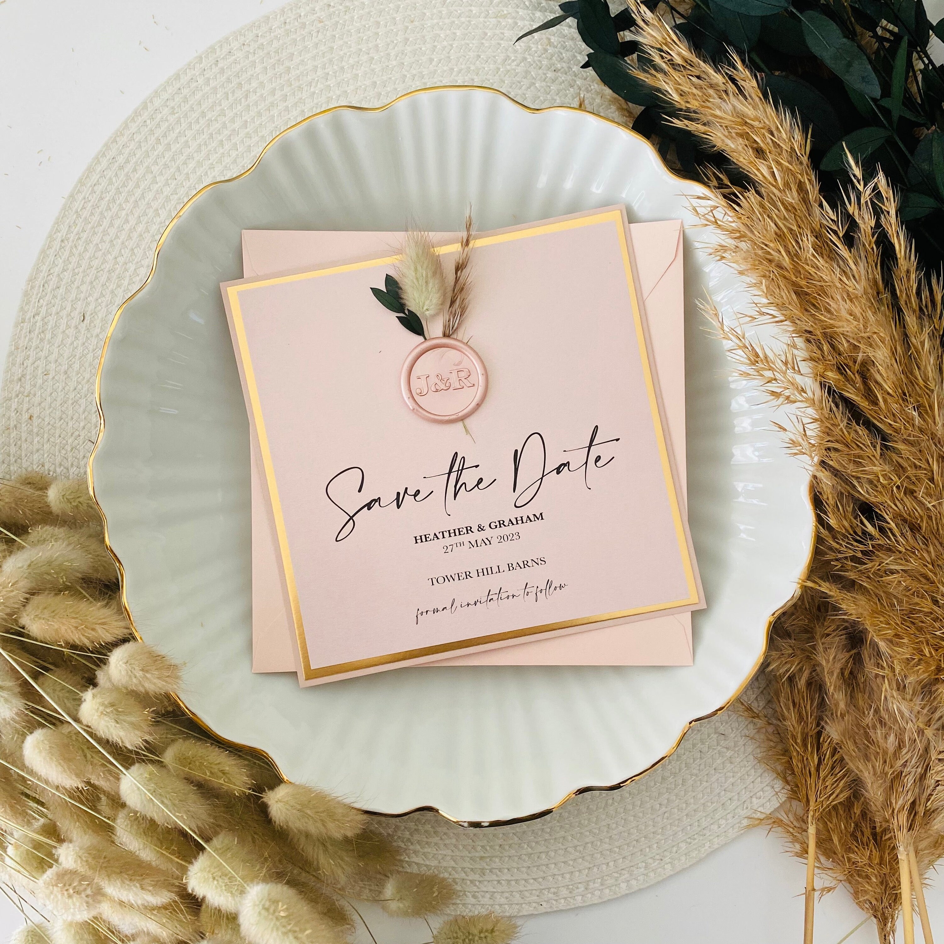 Dried Flower Save The Dates in Blush Pink & Gold With Eucalyptus