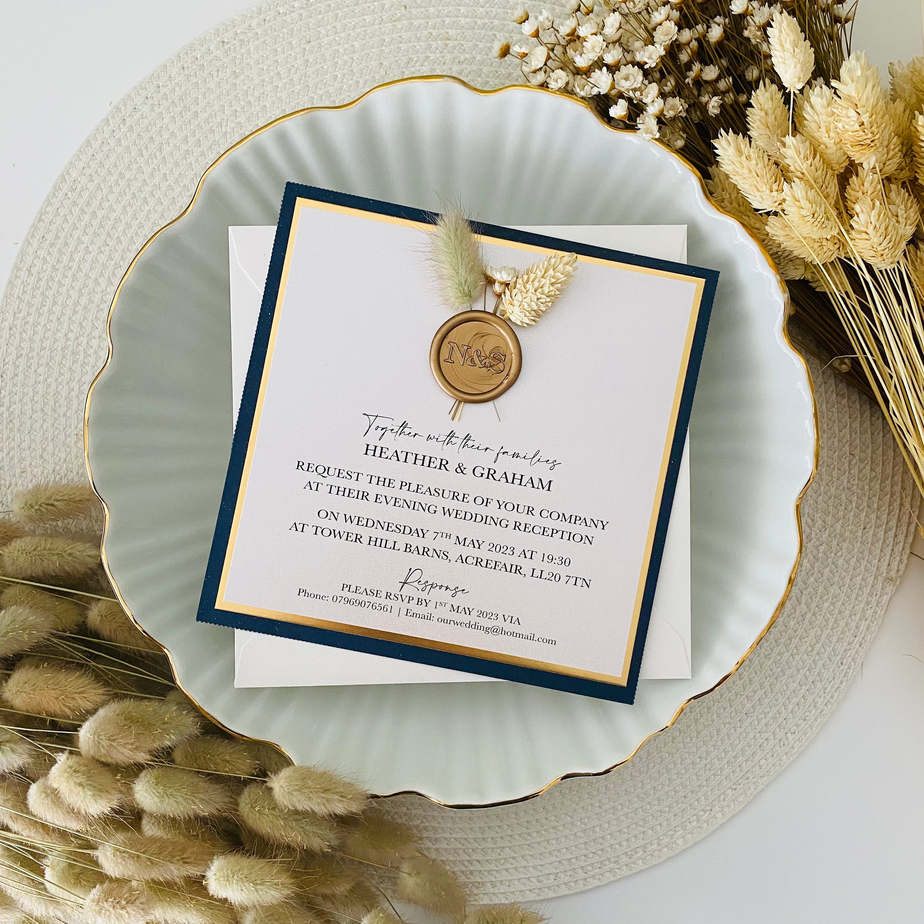 Navy, Ivory & Gold Dried Flower Wax Seal Evening Invitations