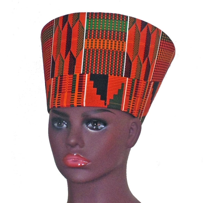 Size Small to X-Large. African Tribal Hat Headdress Open Crown Kente Fabric Handmade