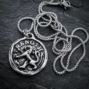 Men&#39;s Lion, Strength Wax Seal Necklace, Antiqued Pewter and Stainless Steel Unisex Jewelry, Chain length 20 or 24 inches ST-042