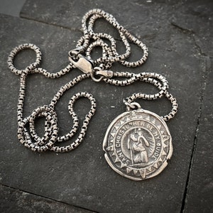 NOW in Sterling Silver, Men&#39;s necklace St. Christopher Wax Seal Medal w Compass, Unisex Jewelry, Chain length in 20 or 24 inches SS-017