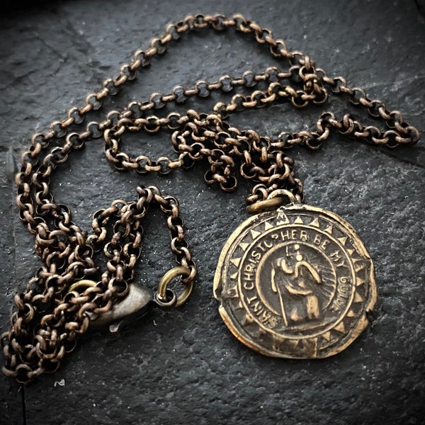 Colar masculino de bronze envelhecido com medalha de São Cristóvão, colar unissex, comprimento da corrente 20 ou 24 polegadas BR-035