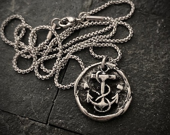 Wax Seal Nautical Anchor Necklace, Pewter and Stainless Steel Men's Unisex Ship Sea Jewelry,  20 or 24 Inch Chain, ST-034