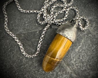 Men's Tiger's Eye Pendant Necklace, Unisex Gemstone, Stone Protection Pendant, Stainless Steel, Boyfriend Gift, JPN-020