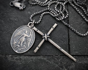 Men's Sterling Silver Dual Pendant Necklace with The Classic Edge Rope Tied Cross and Archangel St. Michael Medal, Unisex Necklace, SS-010