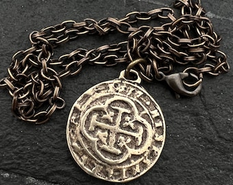 Old Spanish Doubloon Coin Men's Necklace, Shipwreck Pirate Cross Pendant Brass Bronze Medal, Unisex Jewelry, BR-062