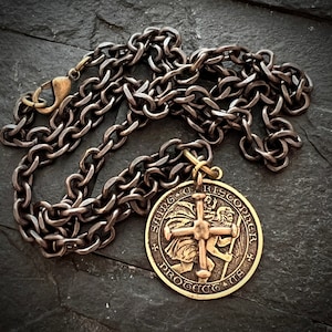 St. Christopher and Cross Antiqued Brass and Bronze Men&#39;s Necklace, The Classic Edge Catholic Medal and Ancient Cross, Unisex BR-025-20