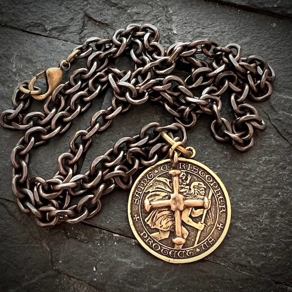 St. Christopher and Cross Antiqued Brass and Bronze Men s Necklace
