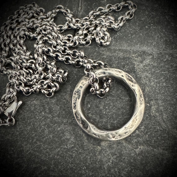Men's Hammered Ring Necklace, Pewter Ring, Unisex Jewelry, Stainless Steel Chain, JPN-007