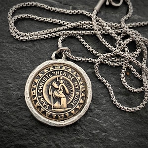 St. Christopher Men&#39;s Necklace, Two Tone Mixed Medal, Bronze, Unisex Jewelry, ST-040