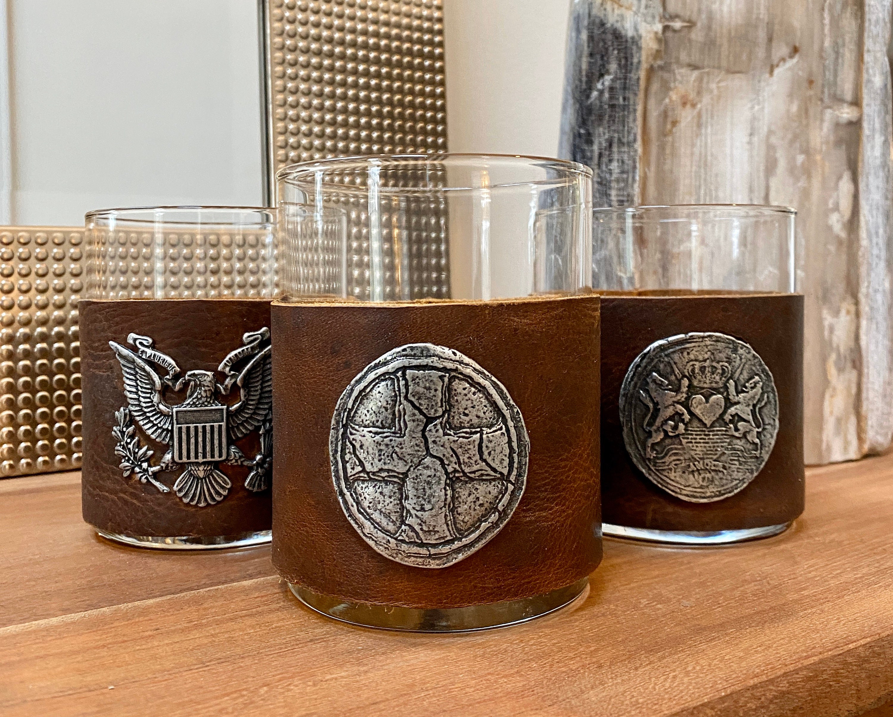 custom leather wrapped whiskey glass