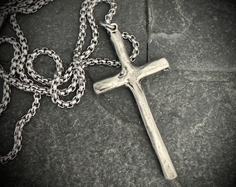 Skinny Hammered Cross Necklace, Men's Pendant Cross and Stainless Steel Necklace, Unisex Jewelry Gift, Faith, JPN-005