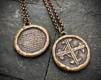 Serenity Prayer Necklace, Men's Soldered Bronze Pendant with Cross, Unisex Jewelry Gift, Faith, BR-043