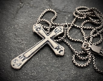 Ancient Cross, Sterling Silver Men's Unisex Necklace, Antiqued Medieval Cross Cast from Original, Men's Fashion, SS-015