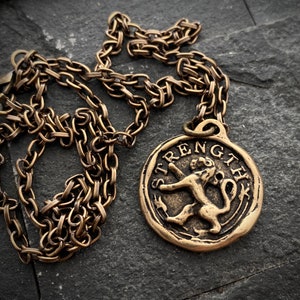 Men&#39;s Lion, Strength Wax Seal Necklace, Antiqued Brass Bronze Unisex Jewelry, Chain length 20 or 24 inches BR-060