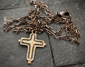 Men's Brass Necklace with Simple Bronze Cross, made from Ancient Original, Unisex Jewelry, BR-054