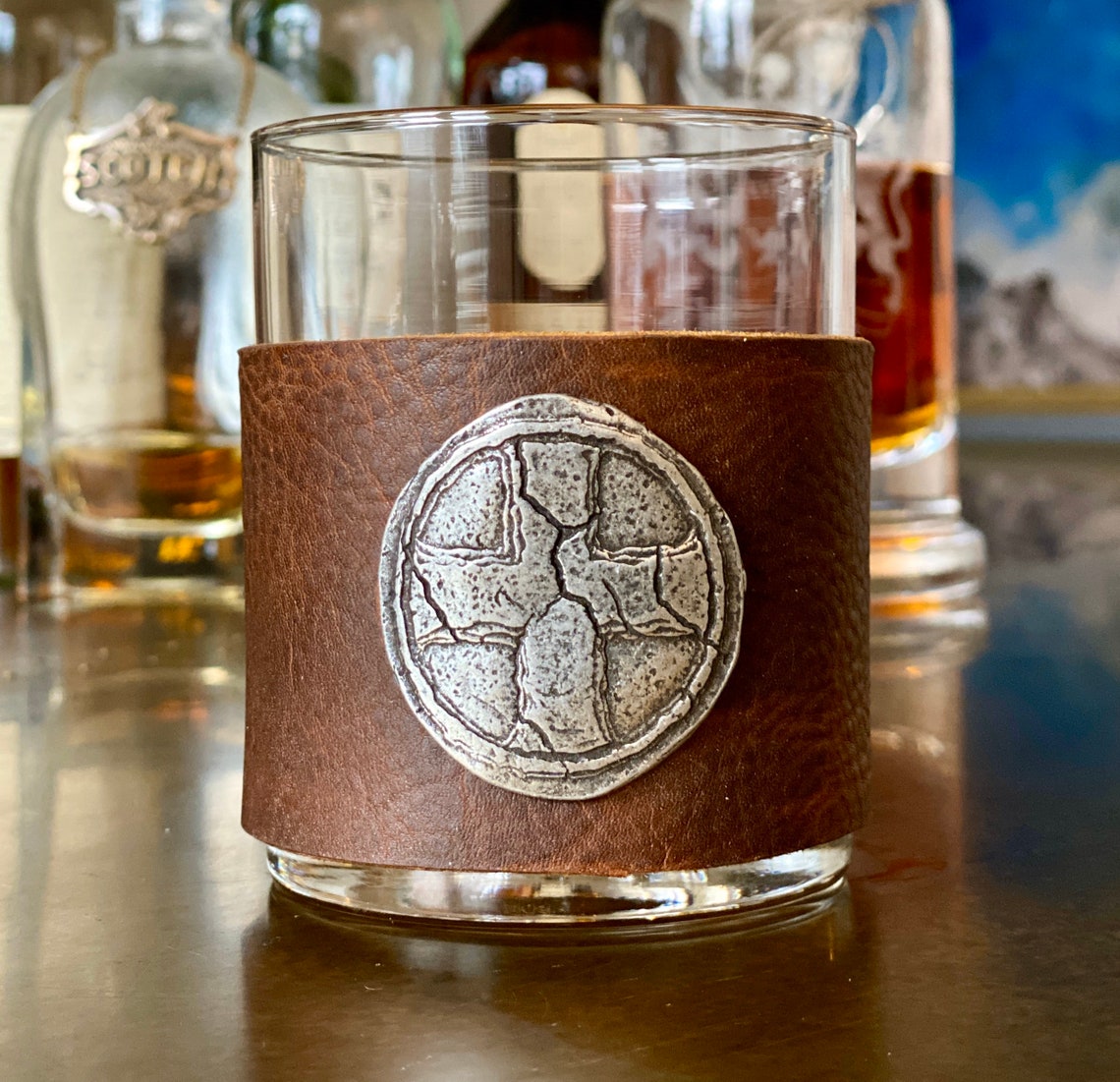 custom leather wrapped whiskey glass