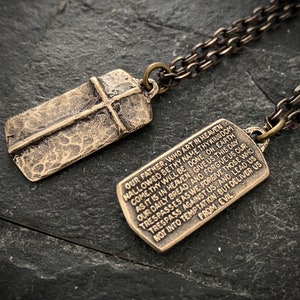 The Lord&#39;s Prayer Necklace, Men&#39;s Bronze Pendant with Cross and Brass Necklace, Unisex Jewelry Gift, Faith, BR-050