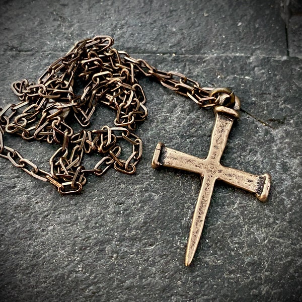 The Classic Edge Nail Spike Cross, Bronze Men's Necklace, Unisex Jewelry, 20 or 24 inches, BR-046