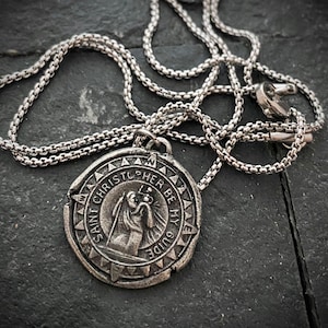 Men&#39;s necklace with St. Christopher Wax Seal Medal w Compass, unisex necklace, Chain length in 20 or 24 inches ST-010