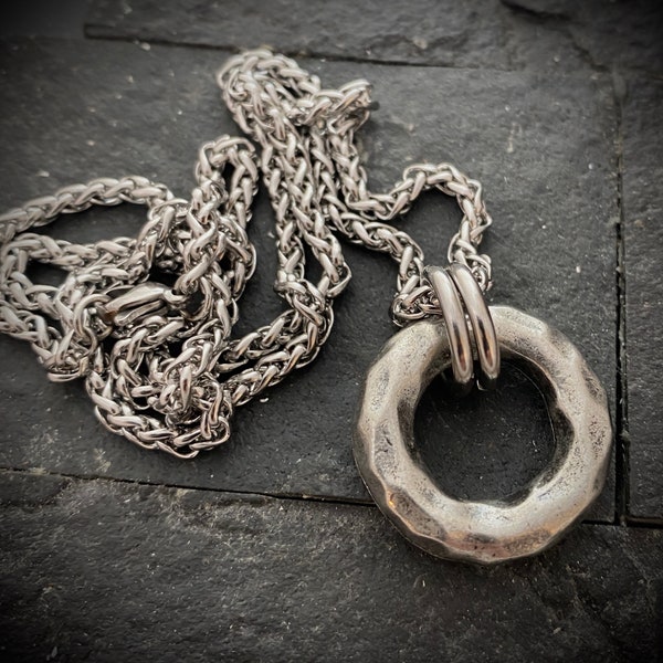 Large Hammered Ring Men's Necklace, Heavy Pewter Ring, Unisex Jewelry, Stainless Steel chain, ST-032