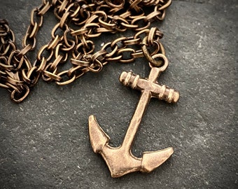 Nautical Anchor Necklace, Brass and Bronze Men's Unisex Ship Sea Boating Jewelry,  20 or 24 Inch Chain, BR-061