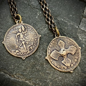 Herren Kreuz Halskette, Erzengel St. Michael, Antiqued Messing und Bronze Unisex Schmuck, 20 oder 24-Zoll-Kette, BR-026