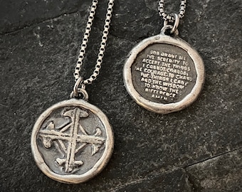 NOW in Sterling Silver - Serenity Prayer Necklace, Men's Soldered Pendant with Cross, Unisex Jewelry Gift, Faith, SS-018