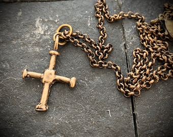 Small Cross Antiqued Solid Bronze Men's Necklace, Ancient Viking Cross, Unisex Jewelry, Brass Chain BR-040