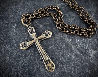 Ancient Antique Bronze Cross on Men's Brass Chain, Unisex Necklace, Antiqued Medieval Cross, Men's Fashion, BR-029