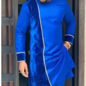 May include: A striking blue suit comprising a long-sleeved tunic and trousers. The tunic has a dark blue velvet panel with white trim, and the outfit is complemented by a matching hat. This ensemble is a stylish choice for formal events.