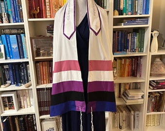 Genderfluid flag pride tallit with matching bag, b mitzvah or wedding gift. Gender-fluid.