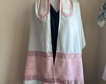 Pink and  white b mitzvah tallit with silver trim and silk attara, Jewish prayer shawl b mitzvah gift, Jewish gift, Jewish wedding.