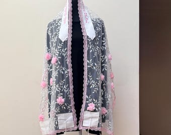 Bat Mitzvah Pink Lace Tallit, Sheer Organza with 3D flowers Prayer Shawl and bag
