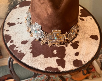 Brown & White Cowhide Suede Cowboy hat burned with cross hatband