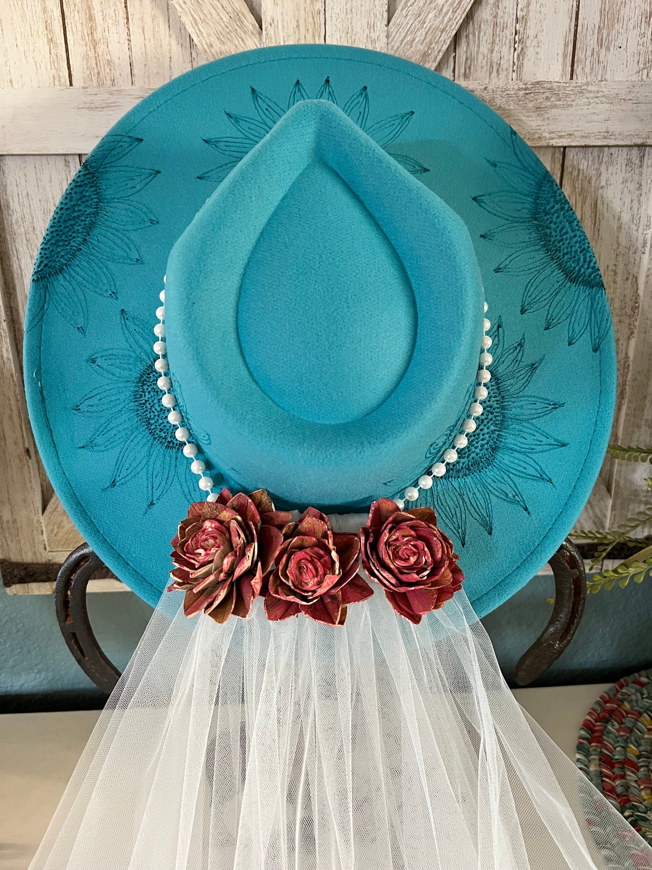 Wedding Teal Cowboy Hat With Veil Hand Burned Sunflowers 