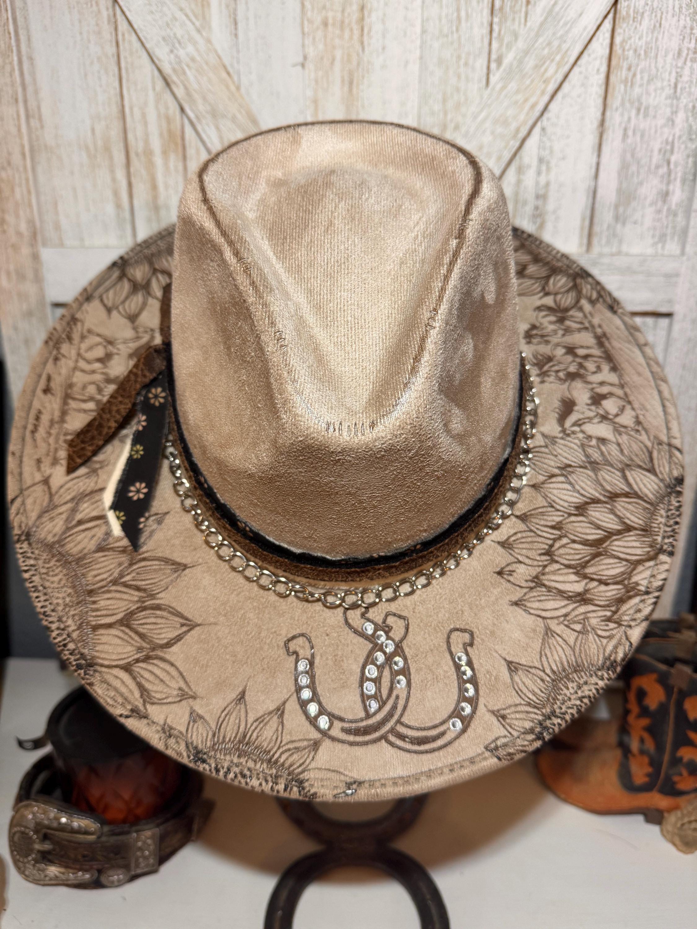 Hand Burned Vegan Suede Cowgirl Hat, Horseshoes and Cross - Etsy