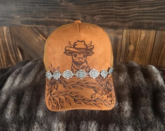 Burned Vegan Suede Cowboy Cap: Sunflower Vines & Highlander
