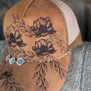 Hand-Burned Magnolia Suede Snapback | Hawaiian Floral Ball Cap