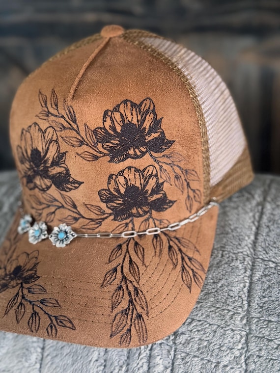 Hand-burned Magnolia Suede Snapback | Hawaiian Floral Ball  display picture 1