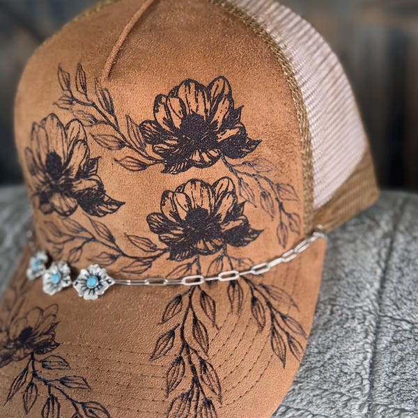 Hand-Burned Magnolia Suede Snapback | Hawaiian Floral Ball Cap