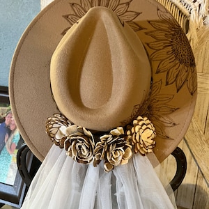 Wedding Cowboy Hat with Veil hand burned with dried flowers