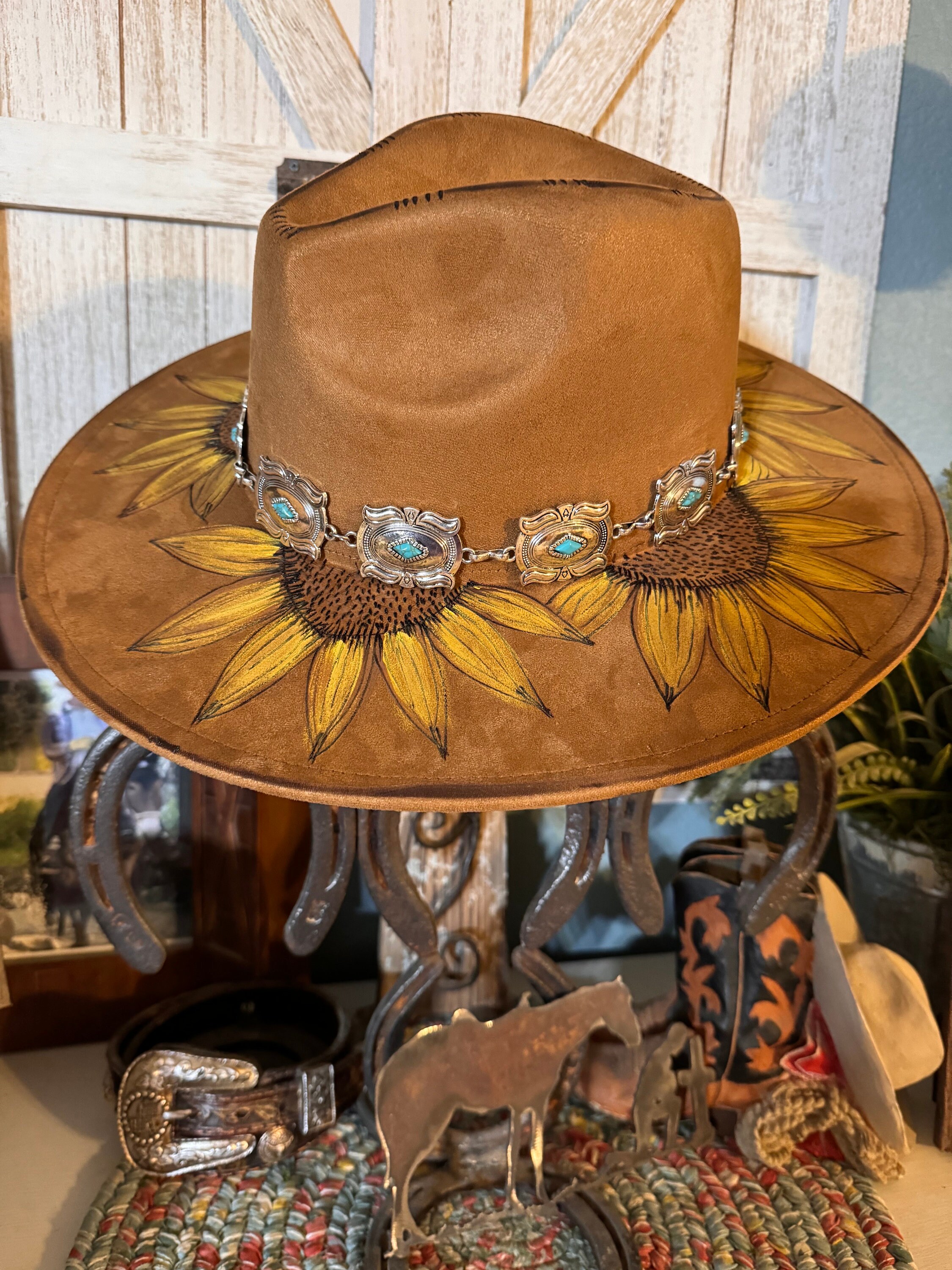Custom Burned & Painted Baby Denim Blue Wide Brim Hat Suede Felt Sunflowers Sunflower Burned Hat, Floral Engraved Cowboy Hat, Sunflower  main image 2