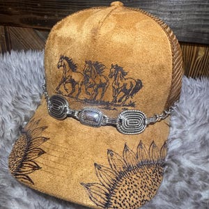 Hand-Burned Running Horses Suede Ball Cap | Sunflower Western Hat