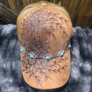 Hand-Burned Sunflower Suede Ball Cap: Custom Floral Western Hat