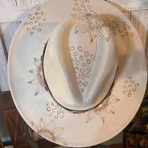 Custom Burned Suede Cowgirl Hat | Sunflower and Leopard Print Western Hat | Off White Flat Brim Cowboy Hat | Boho Rodeo Festival Style