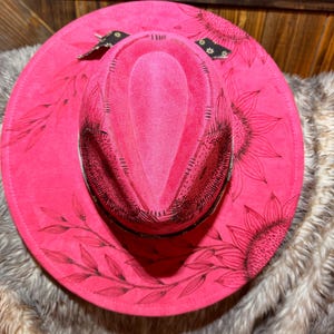 Custom Burned Hot Pink Western Wide Flat Brim Suede Sunflower cowgirl hat