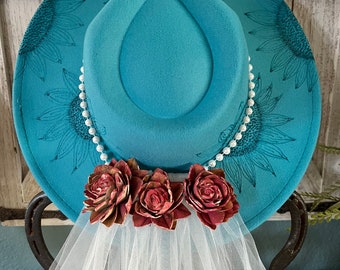 Wedding Teal Cowboy Hat With Veil Hand Burned Sunflowers 