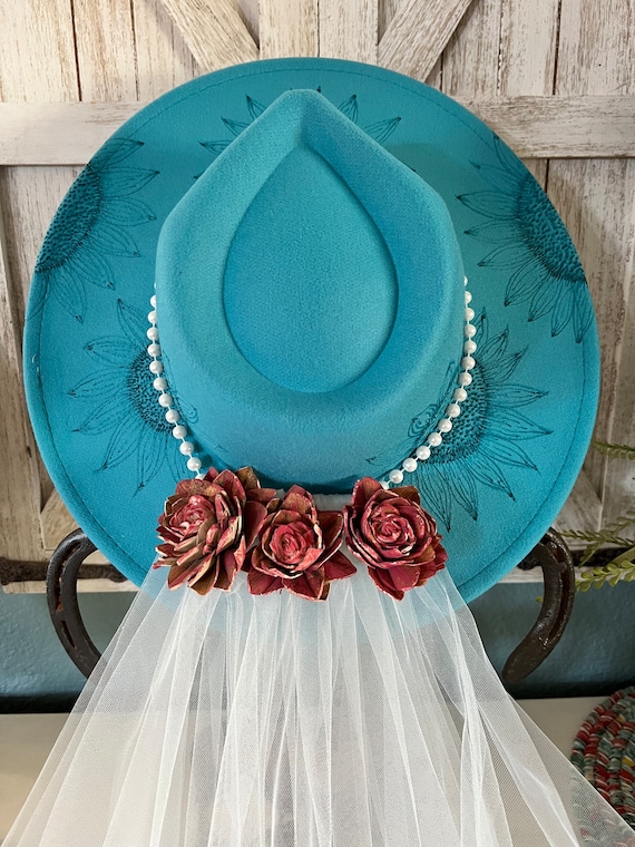 Hand Painted Sunflower Heart Western Hat – Turquoise Boho Cowgirl – Adjustable Sunflower Burned Hat, Floral Engraved Cowboy Hat, Sunflower  main image 4
