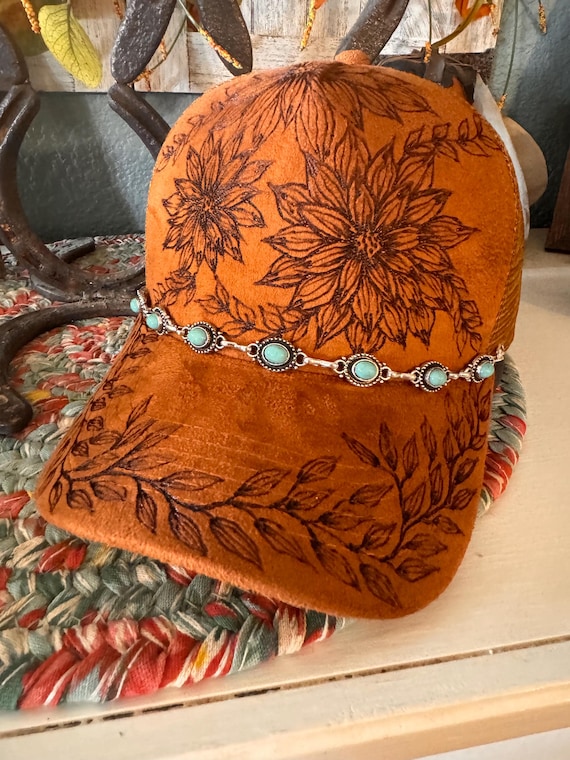 Custom Burned Sunflower Ball Cap with Turquoise Silver Hat Chain, Daisy Western  Hat